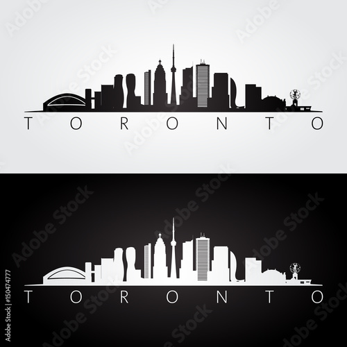 Toronto skyline and landmarks silhouette, black and white design.