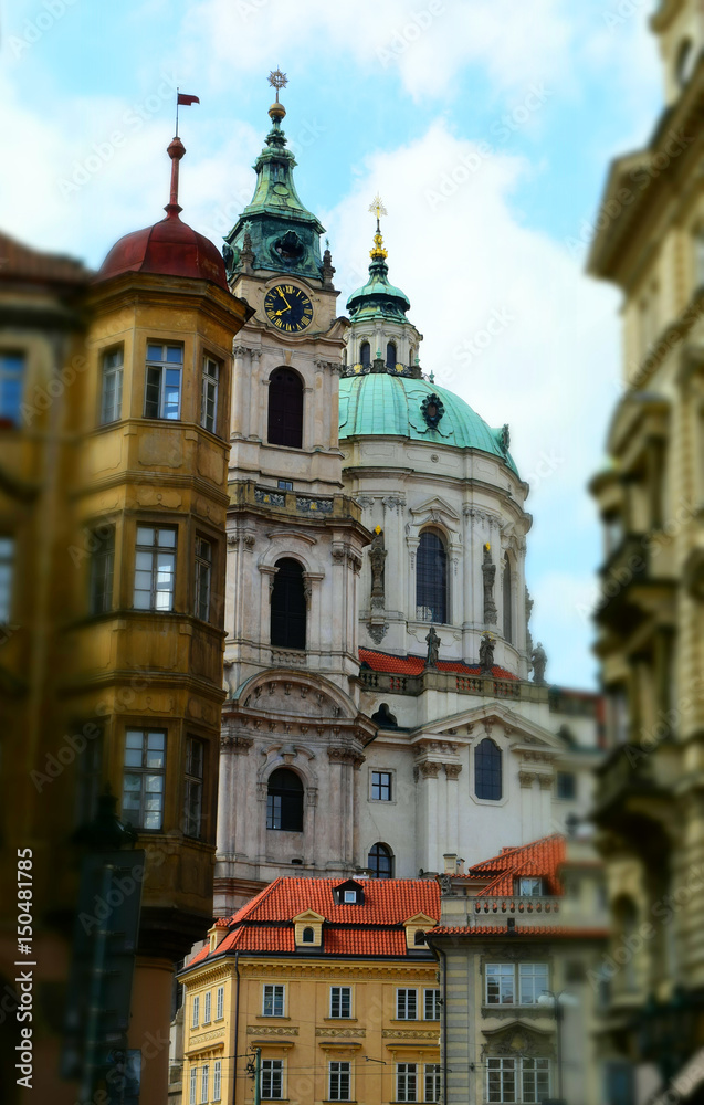 The Church of Saint Nicholas: a Late-Gothic and Baroque cathedral in the Old Town of Prague in Czech Republic. Tilt-shift effect applied.