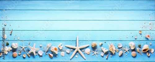 Starfish And Seashell On Blue Plank