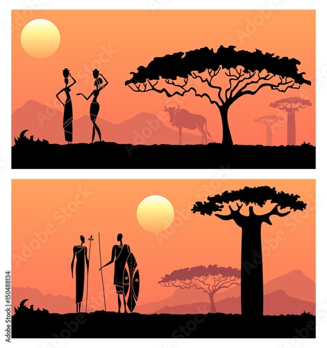 African men and women against the African sunset