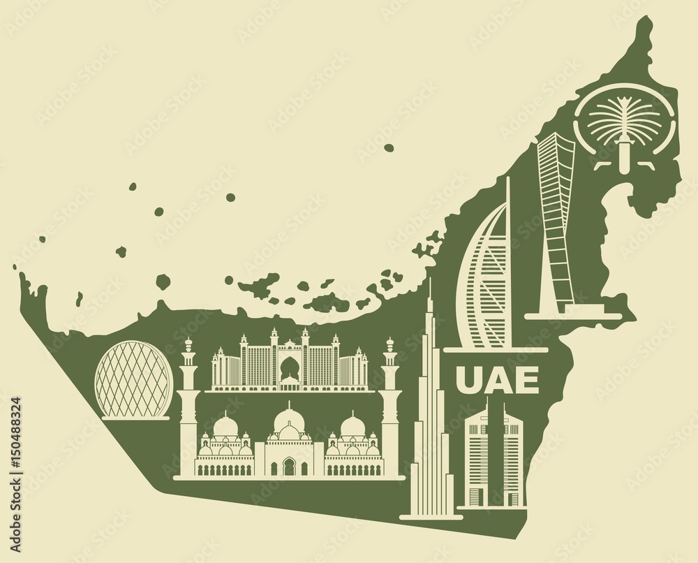 Fototapeta premium Map of the UAE with silhouettes of buildings