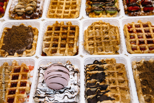 Selection of Belgian Waffles with cream in Brussels