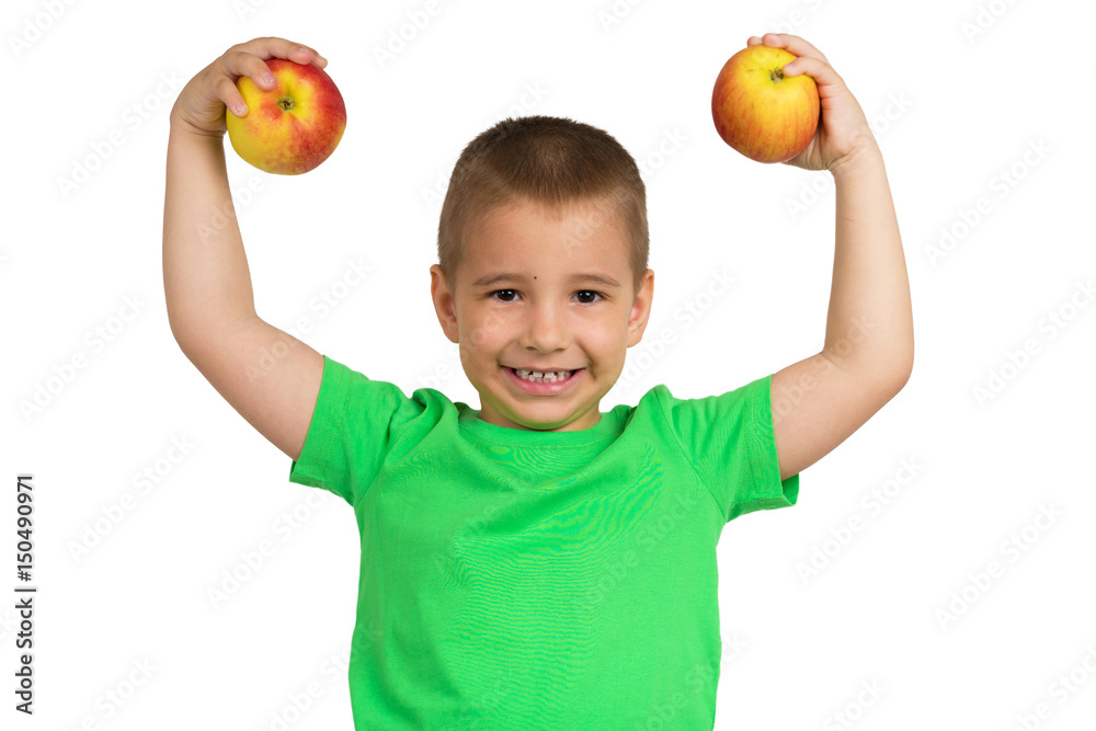 Portrait of a happy child with apples in hands Portrait of a happy child with apples in hands