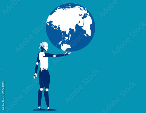 A robot holding globe. Concept business automation illustration. Vector robot flat.