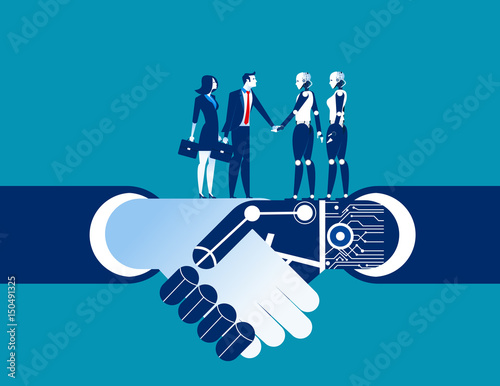 Human vs robot shake hand. Concept business automation illustration. Vector robot flat.