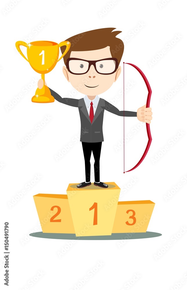 Vector illustration of business man proudly standing , holding up winning trophy and bow. Flat style Vector illustration of business man proudly standing , holding up winning trophy and bow. Flat style