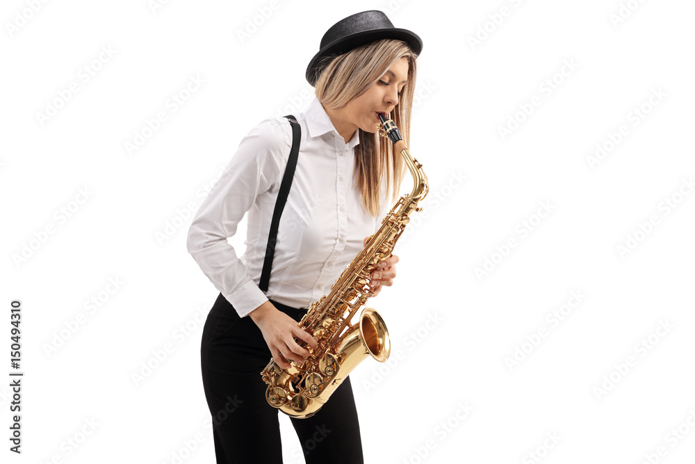 Naklejka premium Female jazz musician playing a saxophone