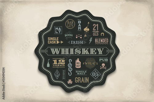 Coaster for whiskey and alcohol beverage. Black circle for placing whiskey glass over it with drawings and lettering. Vintage drawing for bar, pub and whiskey themes. Vector Illustration