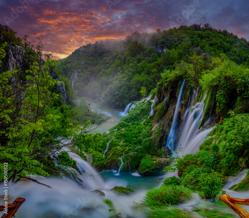 Fairytale  misty morning over waterfalls in Plitvice park  Croatia