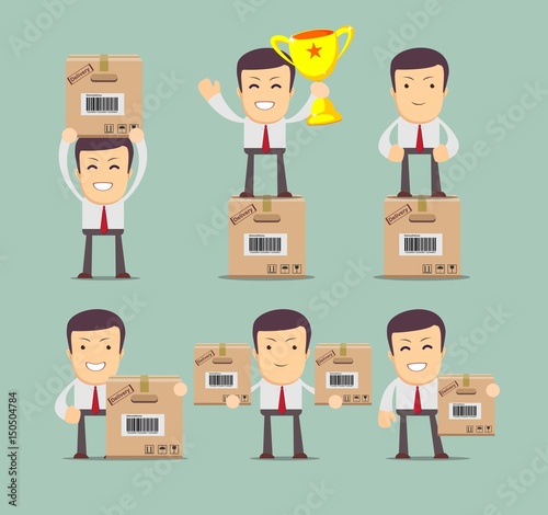 Set of delivery service man with box . Stock vector collection, illustration for poster, greeting card, website, ad, business presentation, advertisement design.