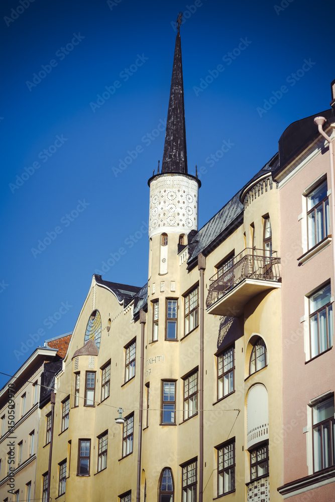 Finnish architecture in the capital Helsinki on clear day