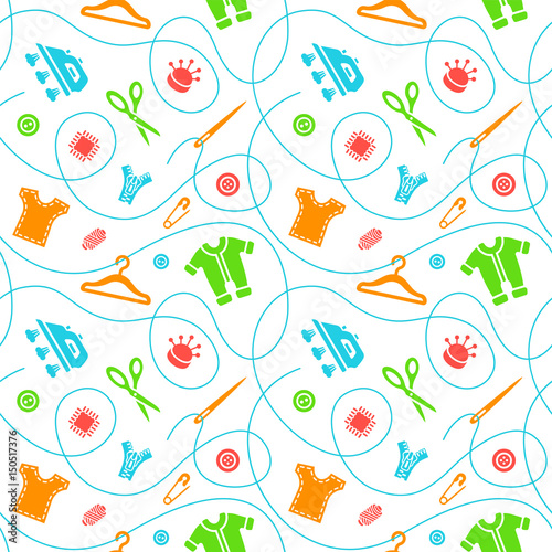 Fototapeta Naklejka Na Ścianę i Meble -  Vector seamless pattern with sewing tools flat icons scattered on white background. Seamstress supplies for tailoring and needlework. Handmade kids clothes wrapping paper design.