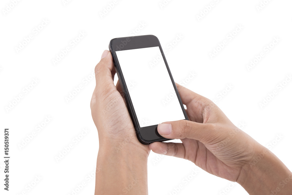 hand holding smart phone with screen isolated on white background. hand holding smart phone with screen isolated on white background.