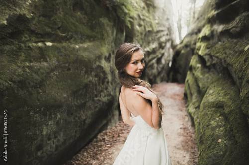 Beautiful happy bride outdoors in a forest with rocks. Wedding perfect day