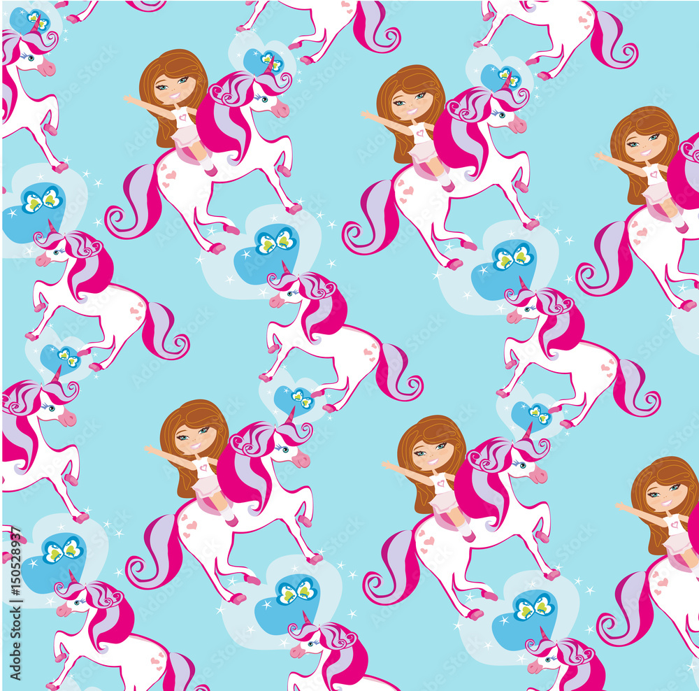 seamless pattern with Girl on a unicorn