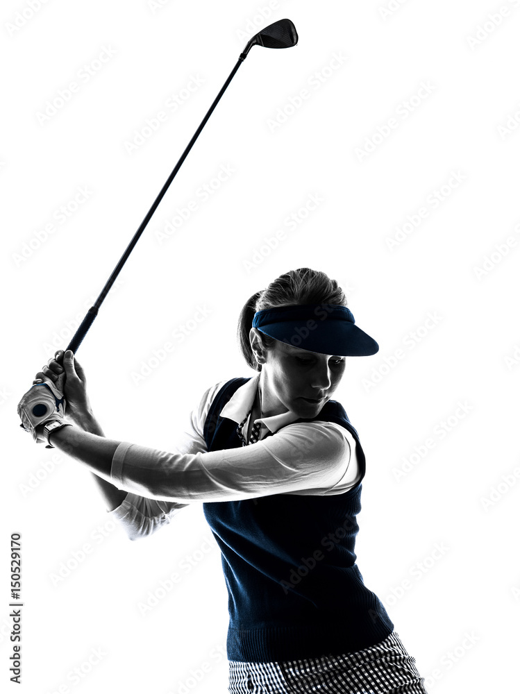 woman golfer golfing silhouette in white background woman golfer golfing silhouette in white background