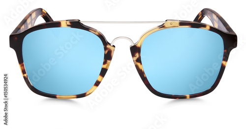 sunglasses spotted brown, blue mirror lenses isolated on white background