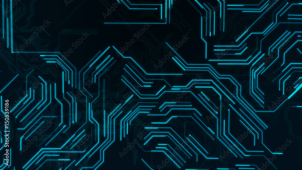 Abstract blue glowing lines microcircuit background 3d illustration