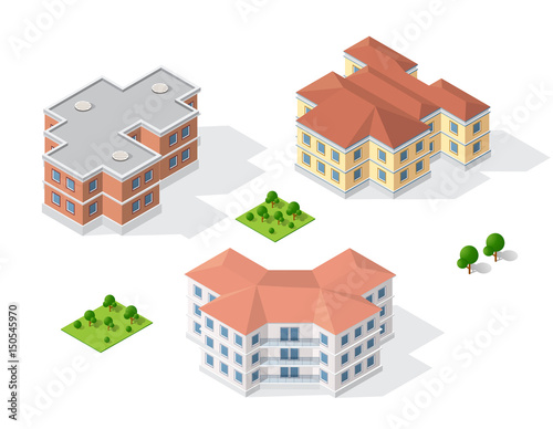 Isometric 3D dimensional building of modern architecture of urban construction. Drawing map engineering design landscape top view