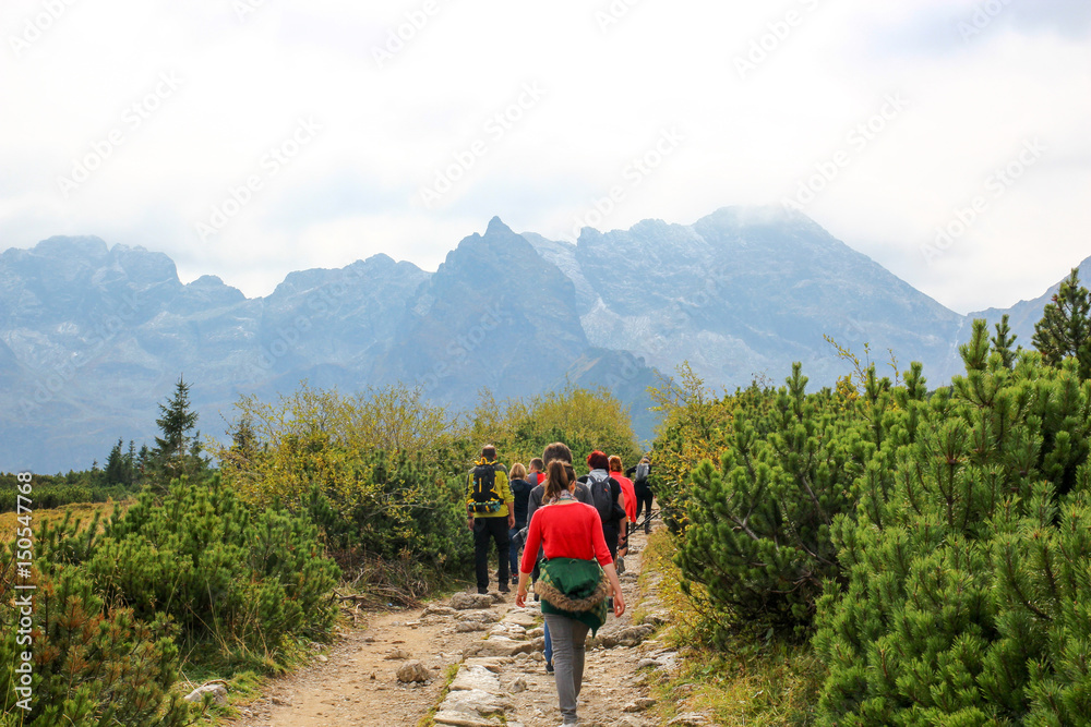 Group of people walking along a trail in the mountains