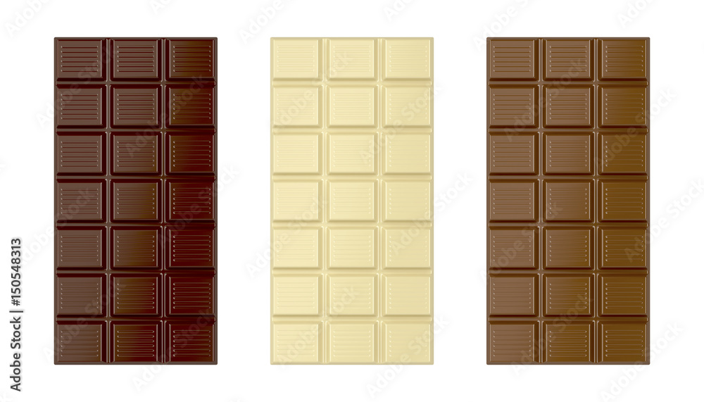 White, brown and dark chocolate bars White, brown and dark chocolate bars