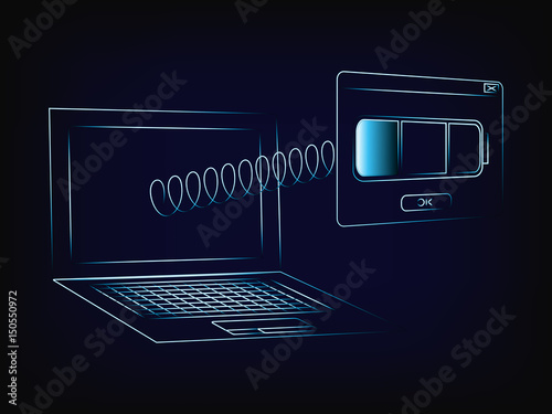 laptop with battery icon on pop-up window popping out of the screen on a spring