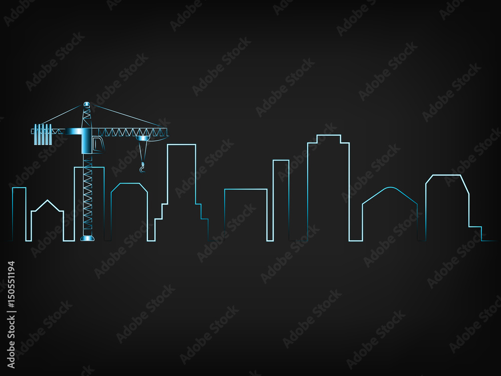 imaginary city skyline vector with tower crane