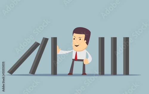 businessman stopping the domino effect with falling dominoes. Stock vector illustration for poster, greeting card, website, ad, business presentation, advertisement design.