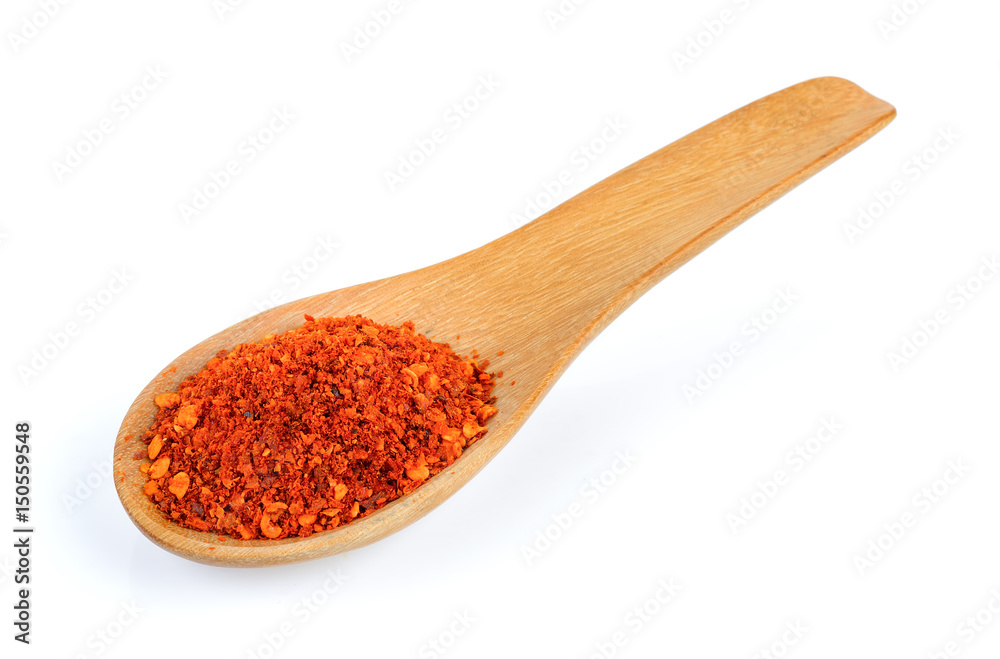 Cayenne pepper in wood spoon on white background Cayenne pepper in wood spoon on white background