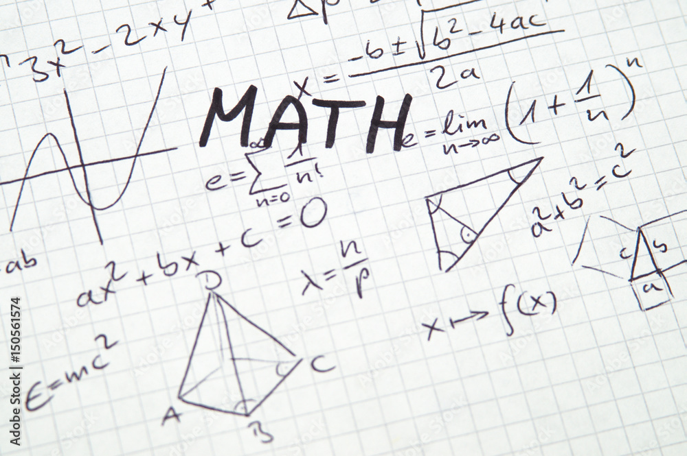 Word Math in handwriting on checkered paper with misc algebra notes background Word Math in handwriting on checkered paper with misc algebra notes background