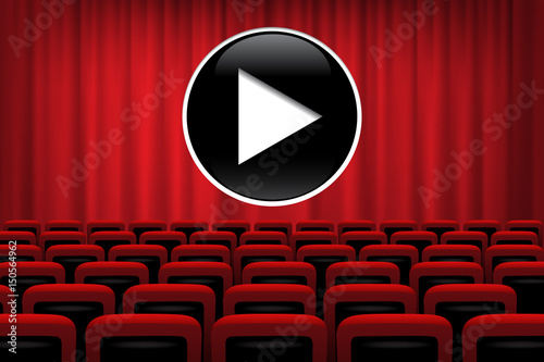 Play symbol on theatre background with red closed curtains and chairs.