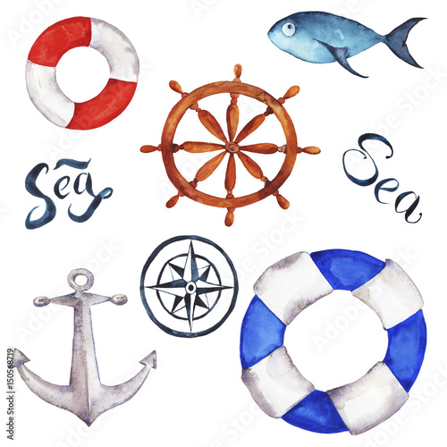 Set of marine fish, lifebuoys, compass, handwheel and anchor isolated on white background. Hand lettering. Hand drawn watercolor illustration.