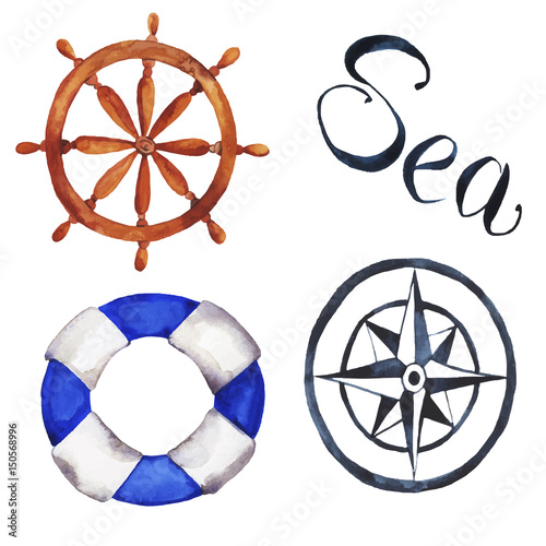 Set of handwheel, lifebuoy and compass isolated on white background. Hand lettering. Hand drawn vector watercolor illustration.