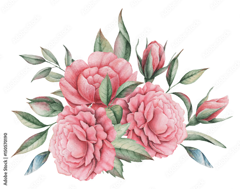 Hand painted watercolor charming combination of Flowers and Leaves, isolated on white background Hand painted watercolor charming combination of Flowers and Leaves, isolated on white background