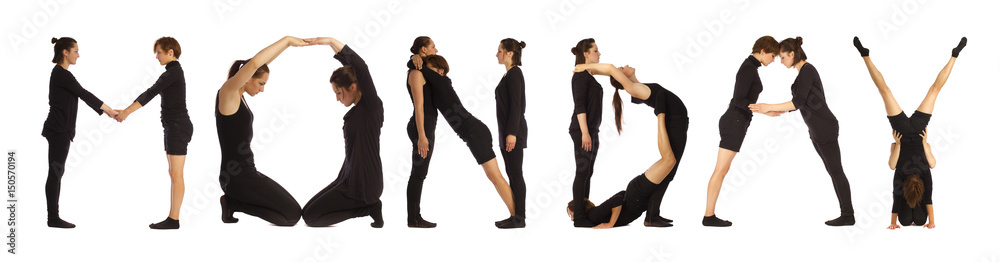 Black dressed people forming word MONDAY Black dressed people forming word MONDAY