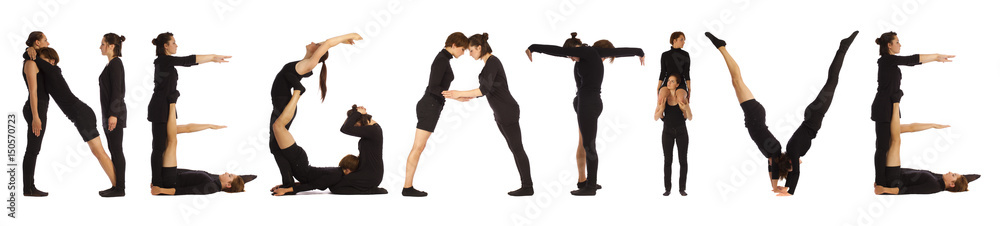 Black dressed people forming word NEGATIVE Black dressed people forming word NEGATIVE