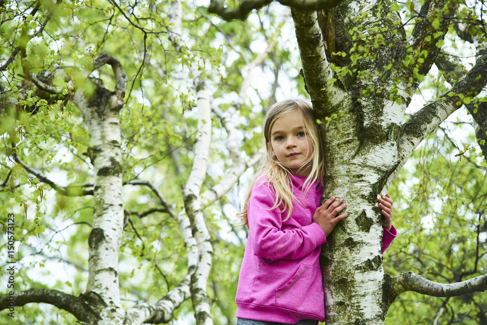 Child blond girl climbing a tree in a park outdoor Child blond girl climbing a tree in a park outdoor