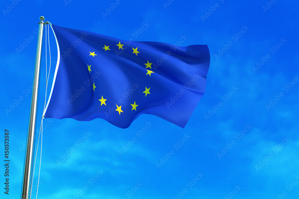 EU flag on the blue sky background. 3D illustration