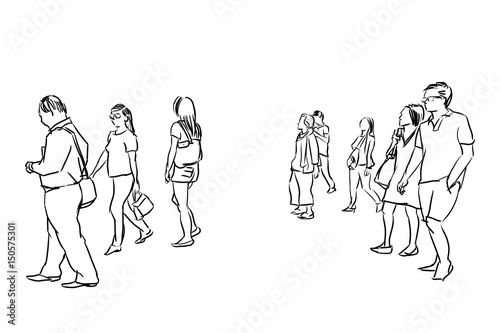 group of people walking marker sketch isolated