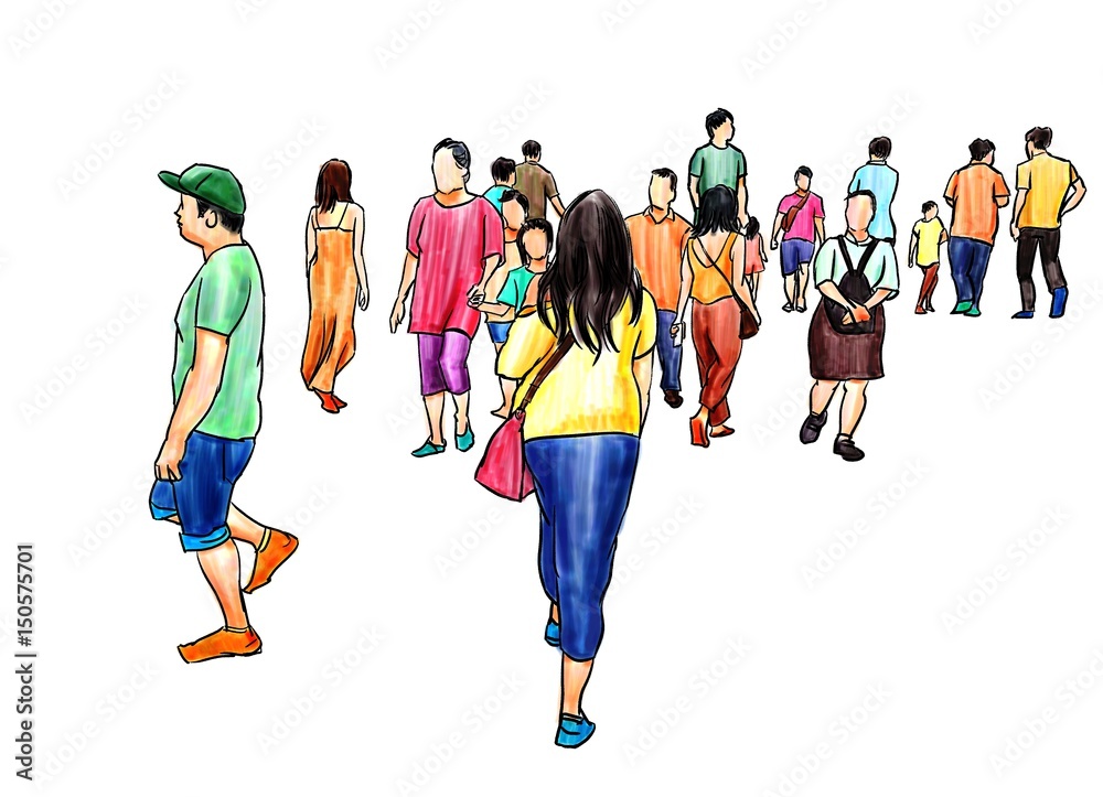 group of people walking marker sketch isolated Stock Illustration ...
