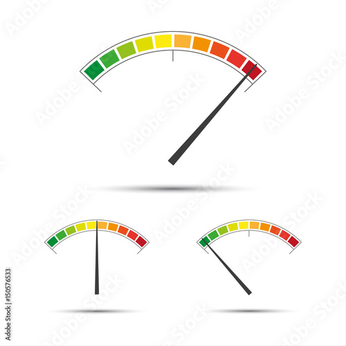 Set of simple vector tachometers with indicators in red, yellow and green part,  speedometer icon, performance measurement symbol isolated on white background