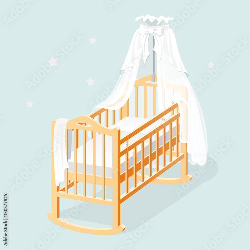 Baby cot with white canopy, mattress, and linens.