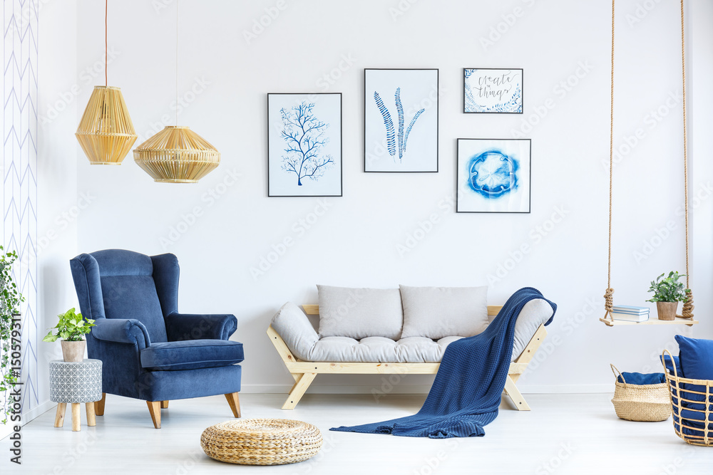 White and blue living room - obrazy, fototapety, plakaty 