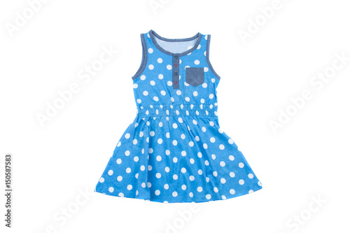 Small blue polka dot dress for girls, isolated on white background