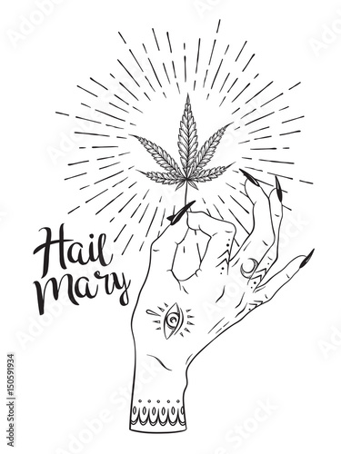 Marijuana leaf in female hand isolated over white background. Blackwork tattoo or print design cannabis vector illustration