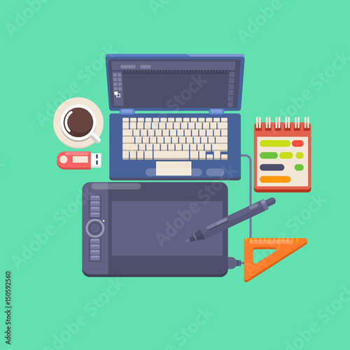 Workplace of a designer Flat design style modern vector illustration icons