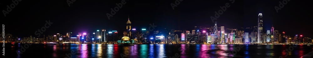Panoramic view of Hong Kong Bay 20000x3680 pixels at night