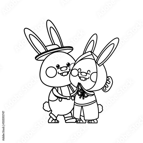 lovely couple easter bunny together line vector illustration
