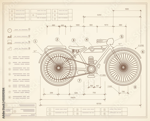 Blueprint plan outline draft motorbike motorcycle. Drawing of the jotting sketch of the vehicle and the industrial skeleton of the bike with the plan and dimensions