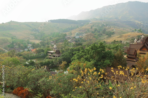 Mountain scenery on cloudy day from Wat Phra That Pha Son Kaew, famous Buddhist temple in Petchabun Province, Thailand